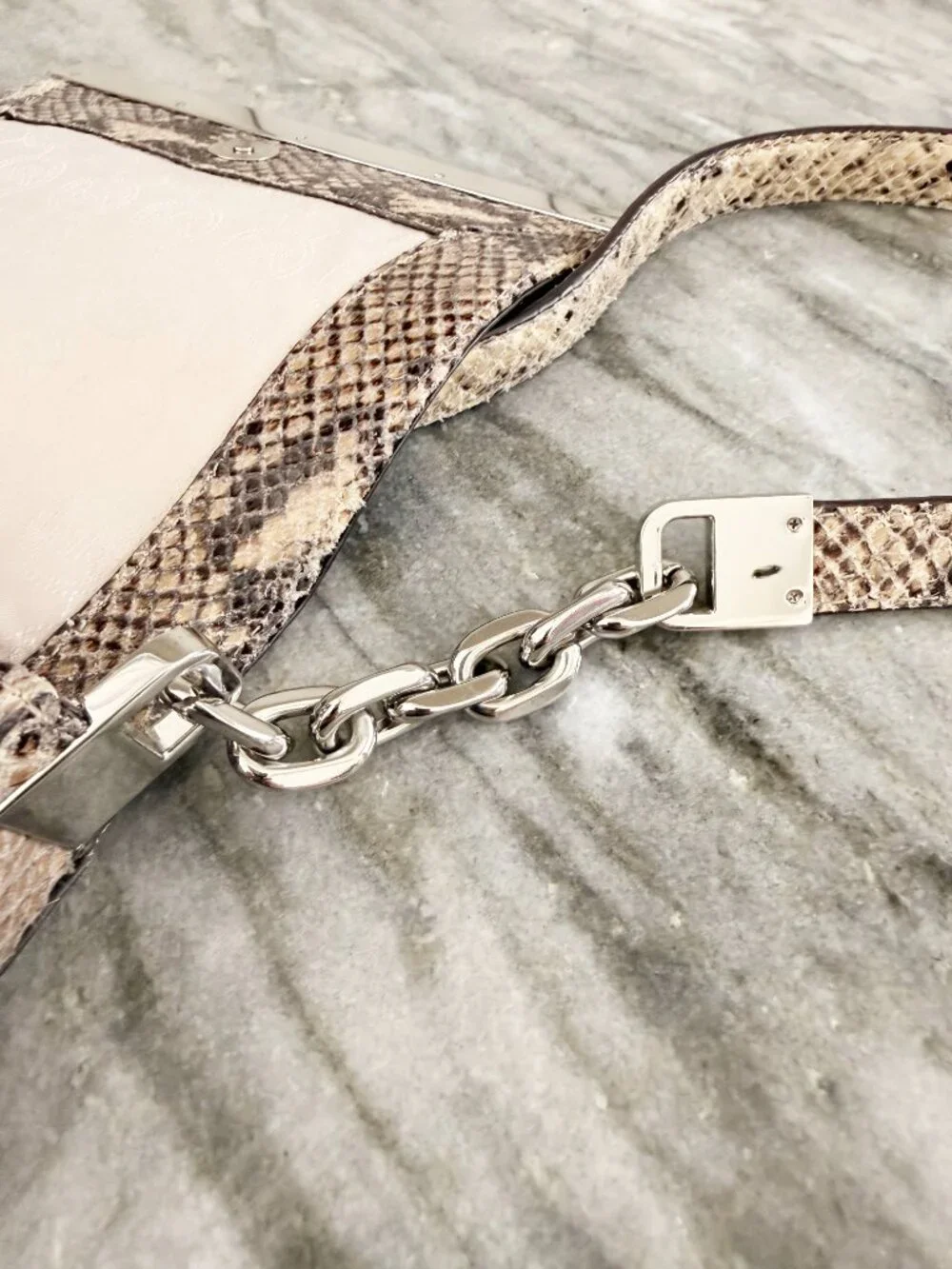 Michael Kors Neutral Snake Print Flap Crossbody Bag Silver Chain Accent
